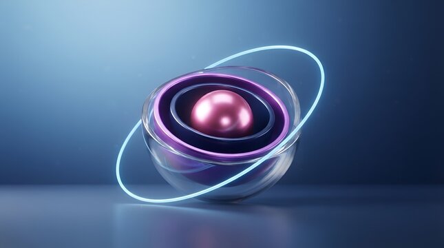 Abstract 3d composition featuring a metallic pink sphere inside concentric purple rings and a glowing cyan light ring on blue