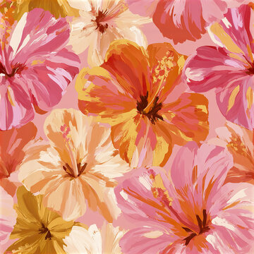 Tropical flower pattern with vibrant hibiscus in pink, orange, and cream colors creating lively and cheerful design