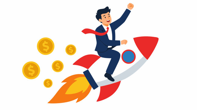 Successful businessman superhero riding a flying rocket with golden dollar coins, flat cartoon vector illustration on white background, fast startup growth and financial success concept