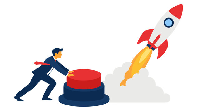 Businessman in suit launching rocket by pressing giant red button, startup venture takeoff concept vector illustration with clouds and flames