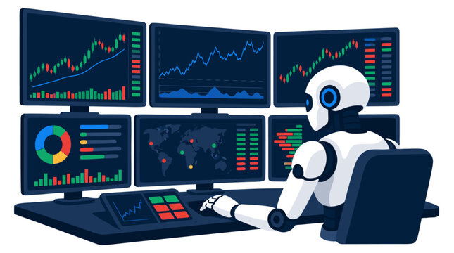 AI robot analyzing colorful stock market charts on multiple monitors for automated trading, flat vector illustration on clean background with vibrant bold colors
