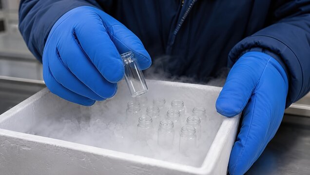 Scientist in blue protective gloves handling a glass vial over a cryogenic container with liquid nitrogen vapor