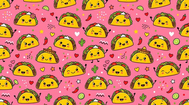 Cute Kawaii Tacos Pattern with Pink Background and Festive Elements