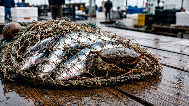 Fresh fish and crab caught in fishing net on wooden pier. Seafood harvest at harbor dock. Commercial fishing industry and marine food source. Professional sailor catch for market.
