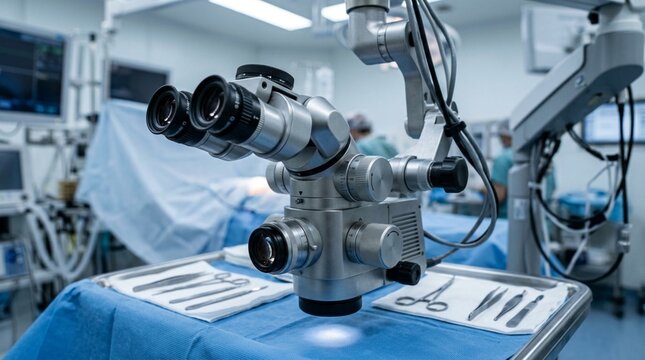 Ophthalmic operating microscope with dual angled eyepieces and precision optics on a sterile surgical tray in clinical operating room with medical instruments