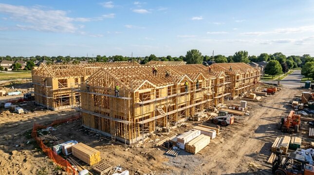 Rows of unfinished wooden-frame condominium structures under a bright early-July sky, exposed timber roof trusses, scaffolding, and construction materials on dirt lot