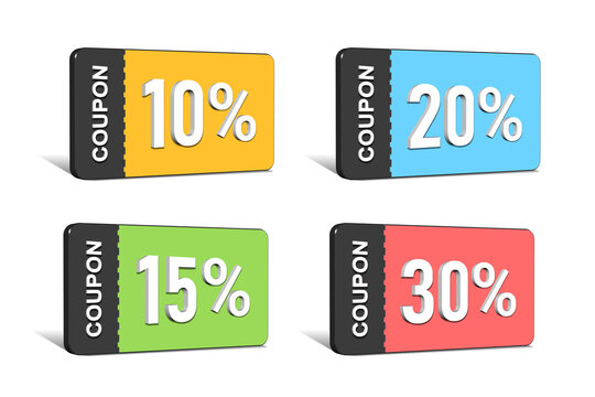 Set of colorful percentage discount coupon vouchers