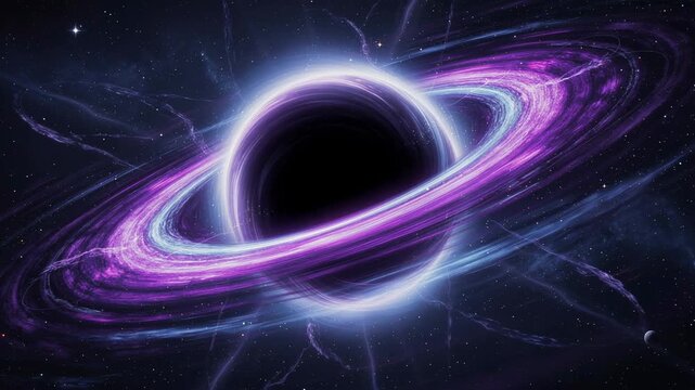 Stunning cosmic black hole with glowing purple rings and bright starry galaxy background in deep space