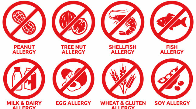 Set of Eight Common Food Allergy Warning Icons and Symbols.