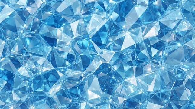 Close up of sparkling blue crystal texture with geometric facets, reflecting light and creating a shimmering surface pattern effect