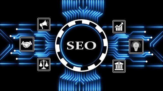 Search engine optimization abstract background with digital networking icons animation.