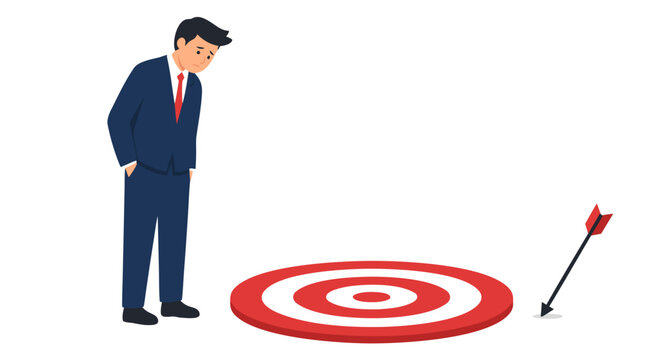 Disappointed businessman in suit looking down at missed arrow on red and white circular target, flat design vector illustration of failure and missed goal concept