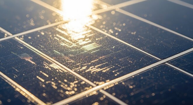 Extreme close-up of a photovoltaic cell surface under bright sunlight, showing geometric textures and shimmering reflections of golden light, fuel, module, innovation