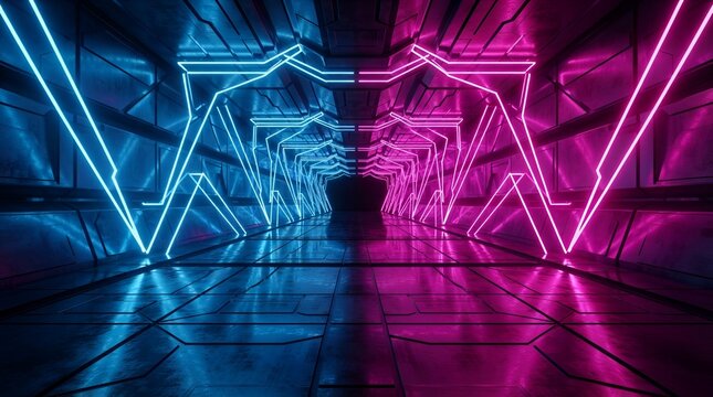 Cyberpunk style tunnel with neon blue and pink glowing geometric lines, metallic reflective floor, and symmetrical sci-fi architecture