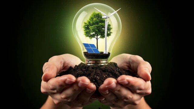 Hands holding soil with light bulb containing tree solar panels and wind turbine symbolizing clean renewable energy