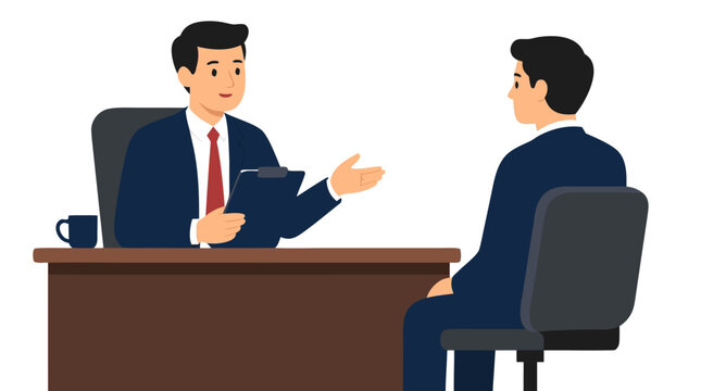 Businessman interviewing a candidate across a desk in a modern office, flat design vector illustration on clean white background with handshake and clipboard recruitment concept