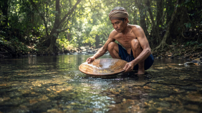 Elderly Asian man panning for gold in a tropical forest river using a traditional wooden bowl