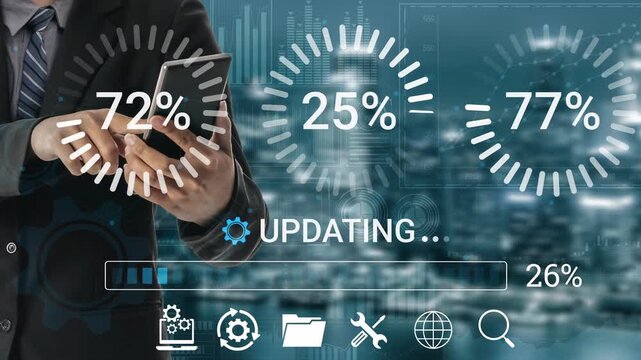 Businessman using smartphone to monitor data updates with progress indicators for project management in modern digital workspace environment. Entropy.