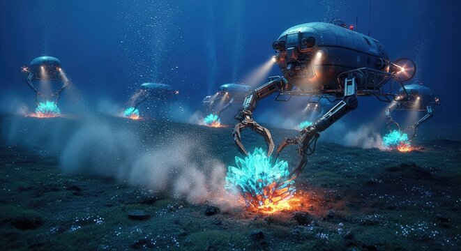 Heavy industrial drones collect glowing mineral ores from the deep ocean floor using robotic claws amidst bubbles and silt in the abyss, equipment, engineering, ocean