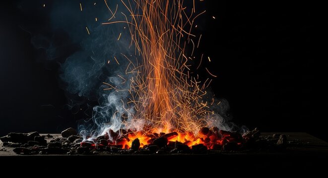 Intense orange sparks and glowing embers dance over burning charcoal with rising smoke and misty fog on a deep black atmospheric background, element, dark, texture