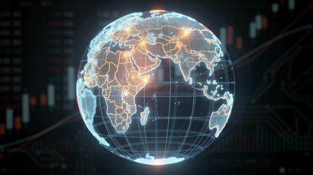 Futuristic digital globe with illuminated world map and glowing borders showcasing global connectivity and technology