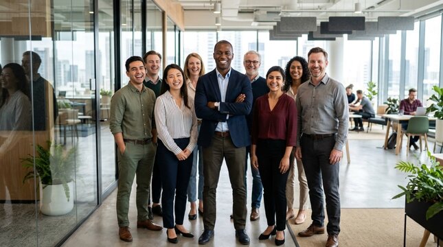 Diverse confident business team in smart casual attire standing together in modern glass office with city skyline, team leader with crossed arms posing proudly for corporate portrait photography