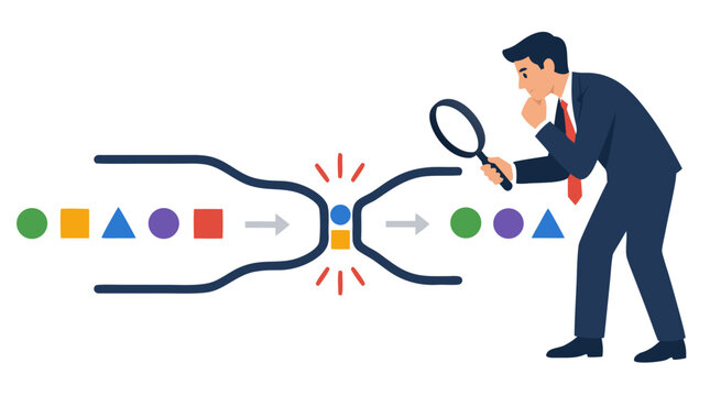 Businessman with magnifying glass analyzing workflow bottleneck with shapes merging through narrow funnel, problem solving and process optimization concept vector illustration
