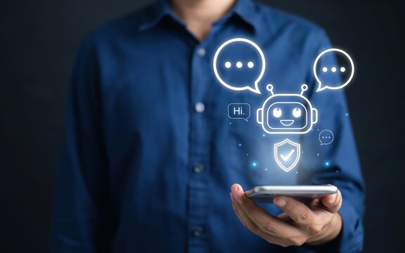 Man holding smartphone displaying ai chatbot icon