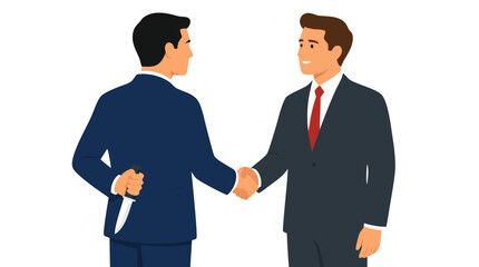 Fototapeta premium Sneaky businessman concealing a knife behind his back while shaking hands with smiling, unaware colleague, flat vector illustration depicting corporate betrayal and hidden threat