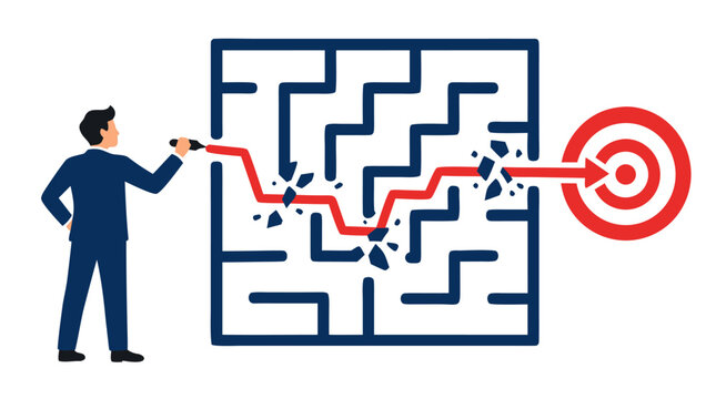 Businessman drawing red arrow line breaking through maze walls to hit target, problem solving, strategy, success achievement and overcoming obstacles concept vector illustration