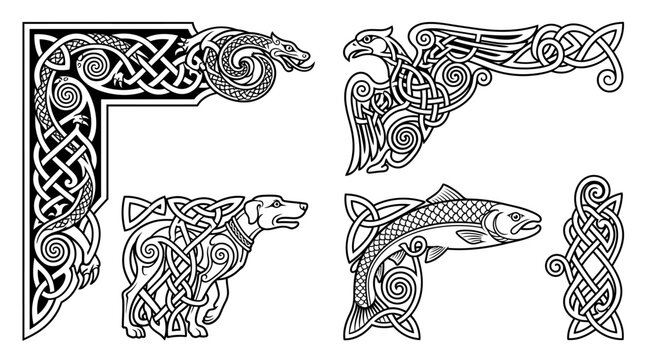 Set of Celtic knotwork decorative elements with mythological animal motifs.