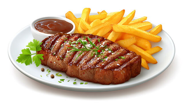 Delicious Grilled Steak with Crispy French Fries and Dipping Sauce.
