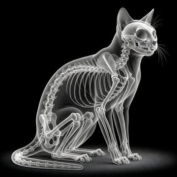 Transparent Cat X-Ray Anatomy Showing Complete Skeletal Structure Isolated on Black Background