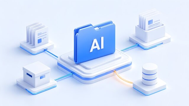 Isometric 3D illustration of an AI folder connecting digital documents databases and archives for smart automated file management.