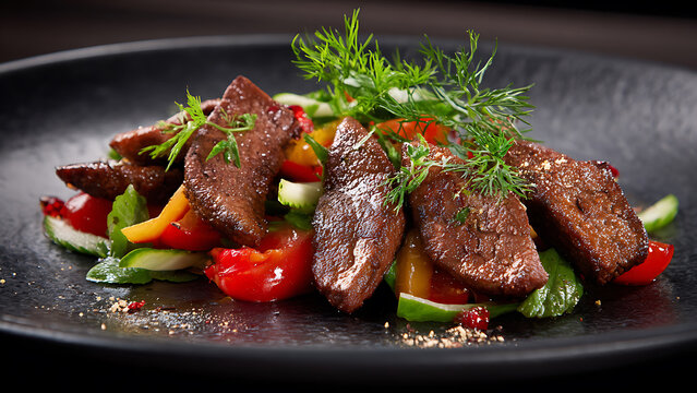 Delicious Sliced Beef Steak with Fresh Vegetables and Herbs.