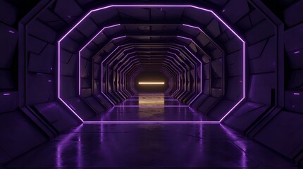 Obraz premium Dark futuristic tunnel with purple neon hexagonal frames and a single glowing yellow light at the end, set on a reflective metallic floor surface