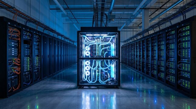 Modern server room with rows of dark metal rack cabinets flanking a glowing liquid-cooled supercomputer unit with illuminated blue tubing and status LEDs