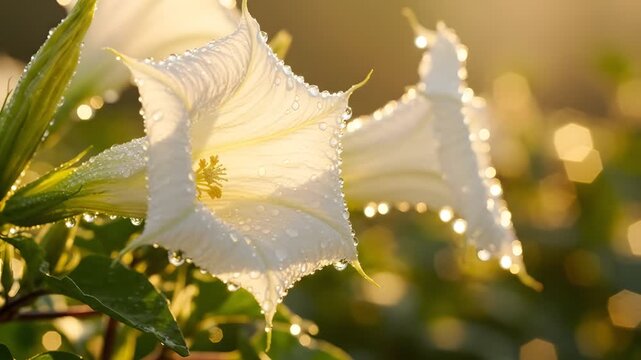 Blooming White Datura Flower in Sunrise Dew