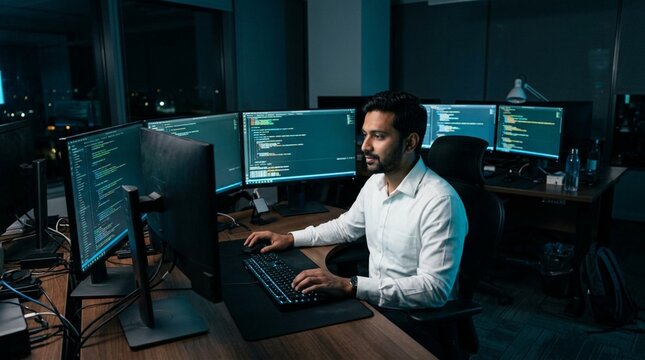 South Asian male software developer coding late at night in modern office, focused programmer in white shirt working on multiple unbranded computer monitors displaying lines of code