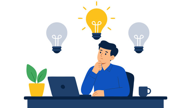 Thoughtful male office worker pondering creative idea at desk with laptop, plant, and coffee mug, with glowing light bulb above his head and two dim bulbs, vector concept of brainstorming and
