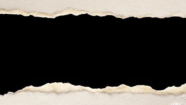 Animated torn paper frame isolated on black background with alpha channel. Stop motion ripped page sheet transition template for text and video overlays in Apple ProRes 422