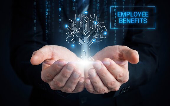 Employee benefits digital tech concept with hands