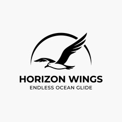 Naklejka premium Seagull flying over horizon line minimalist logo.