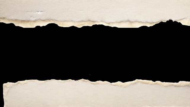 Animated torn paper frame isolated on black background with alpha channel. Stop motion ripped page sheet transition template for text and video overlays in Apple ProRes 422