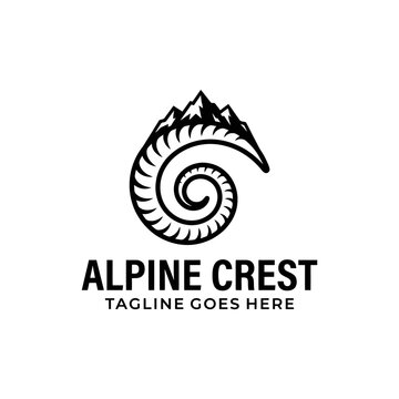 Spiral horn logo with alpine mountain peaks.