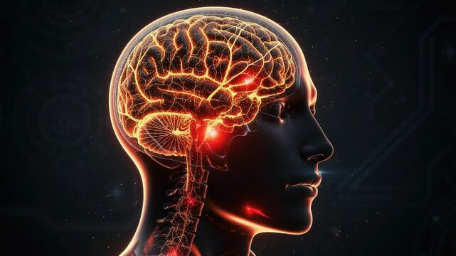Glowing human brain with neural network connections in profile view highlighting intelligence and brain activity
