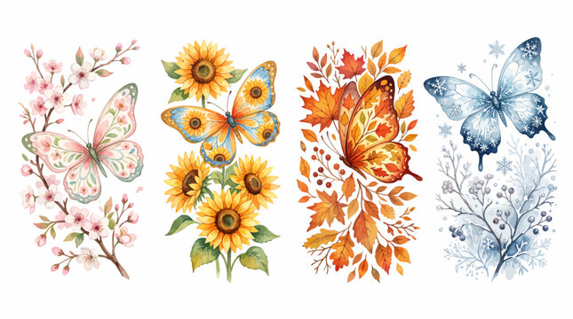 Four Seasons Watercolor Butterfly and Floral Illustration Set.
