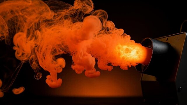 Close up of vibrant orange smoke swirling from a black smoke machine on dark background with dramatic lighting
