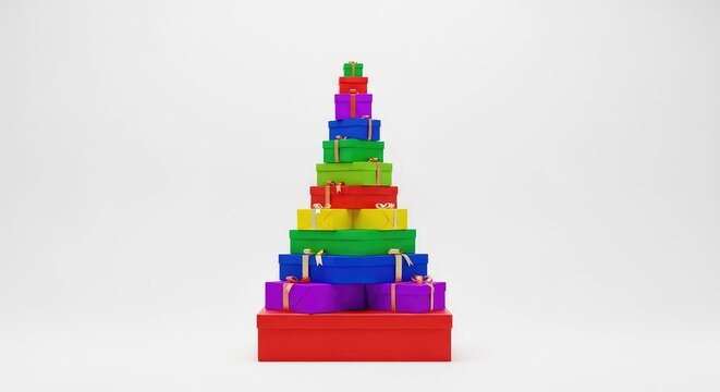 Ordered geometric stack of gift boxes in various sizes forms a tall tree silhouette against a seamless and minimalist white backdrop, minimalist, wrapping, festive