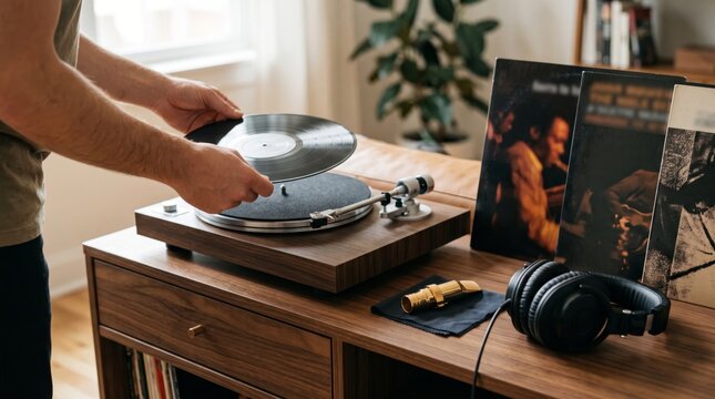 Man enjoying jazz music on turntable in stylish living room with vinyl records, headphones, and retro decor. concept of relaxation, vintage music, home audio experience